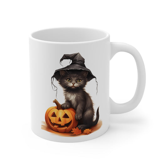Cat and Pumpkin (1) - White Halloween Mug (CAD)