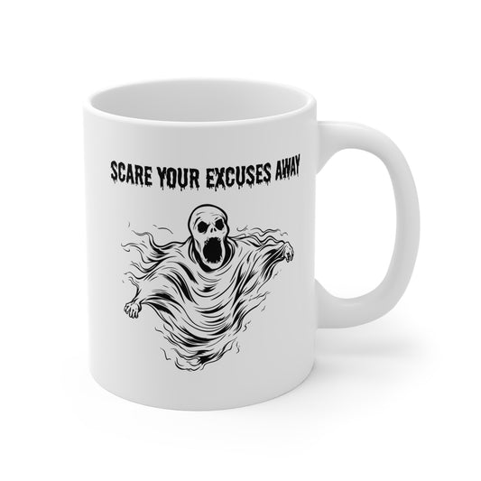 Scare your excuses away - White Halloween Mug (CAD)