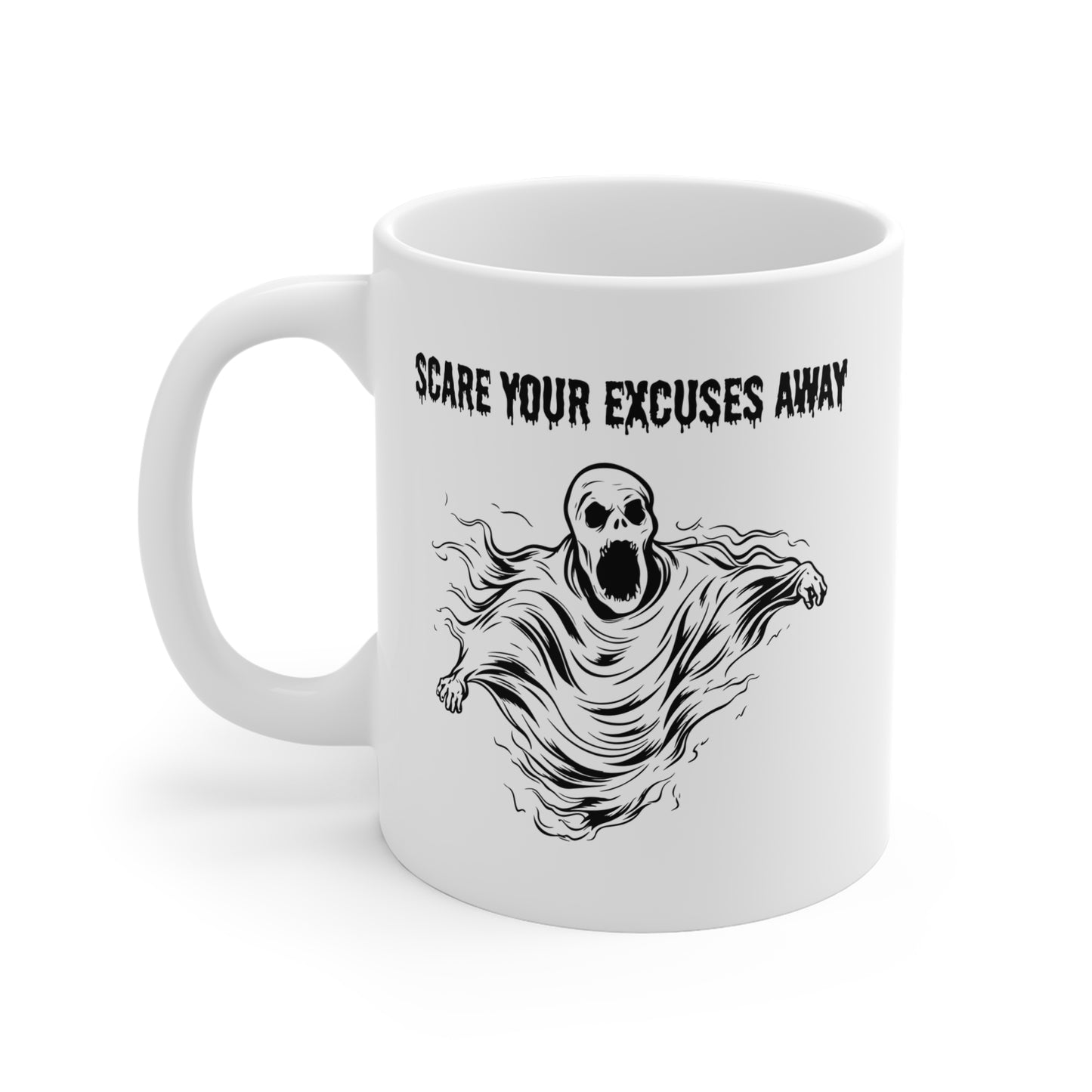 Scare your excuses away - White Halloween Mug (CAD)